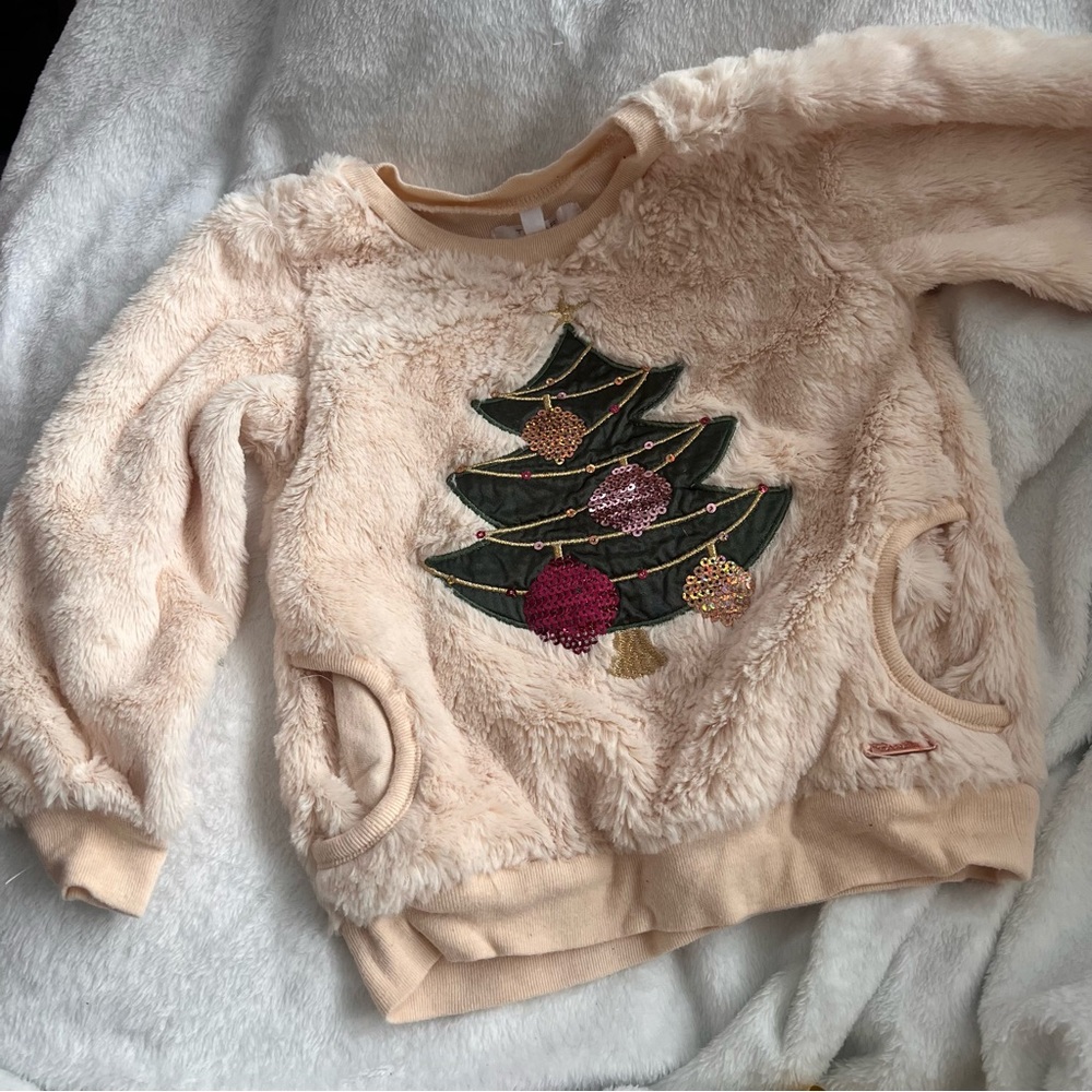 Festive Cream Fuzzy Sweater with Sequin Tree Design Christmas Kids
